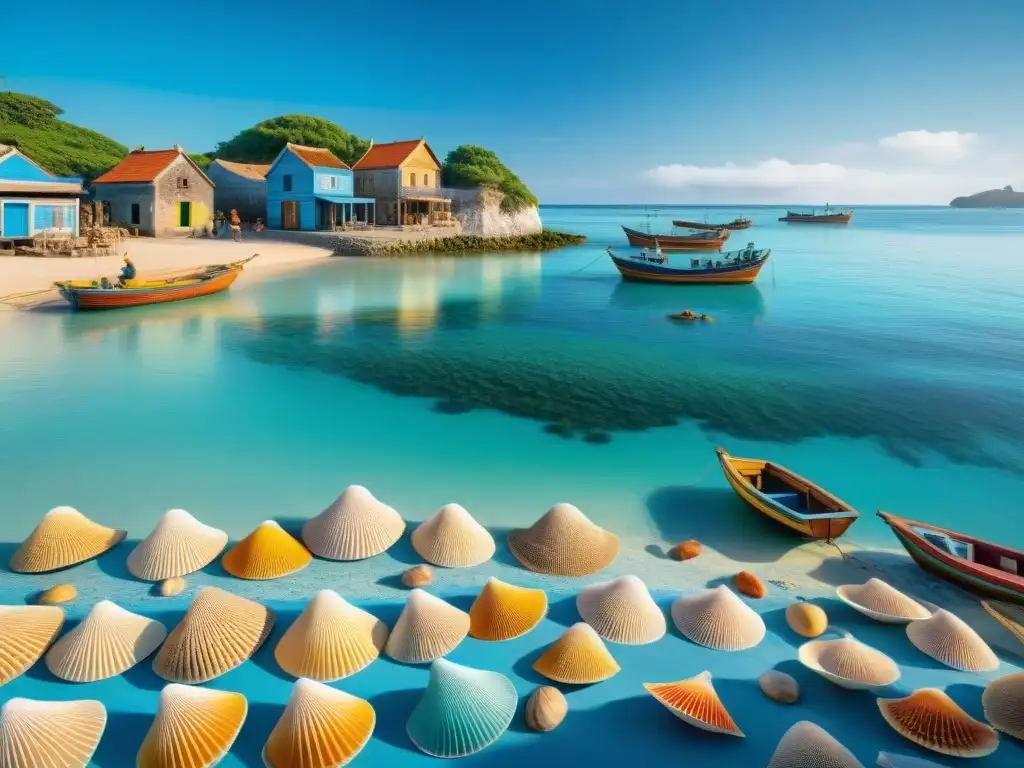 Artesanía marina en vibrante pueblo costero Una colorida aldea costera llena de vida, con pescadores locales reparando redes, niños jugando y barcos pesqueros en la playa