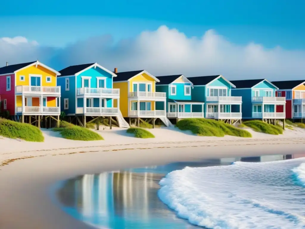 Resiliencia costera: casas frente al mar protegidas Coloridas casas costeras protegidas en la arena, bajo cielo azul y olas