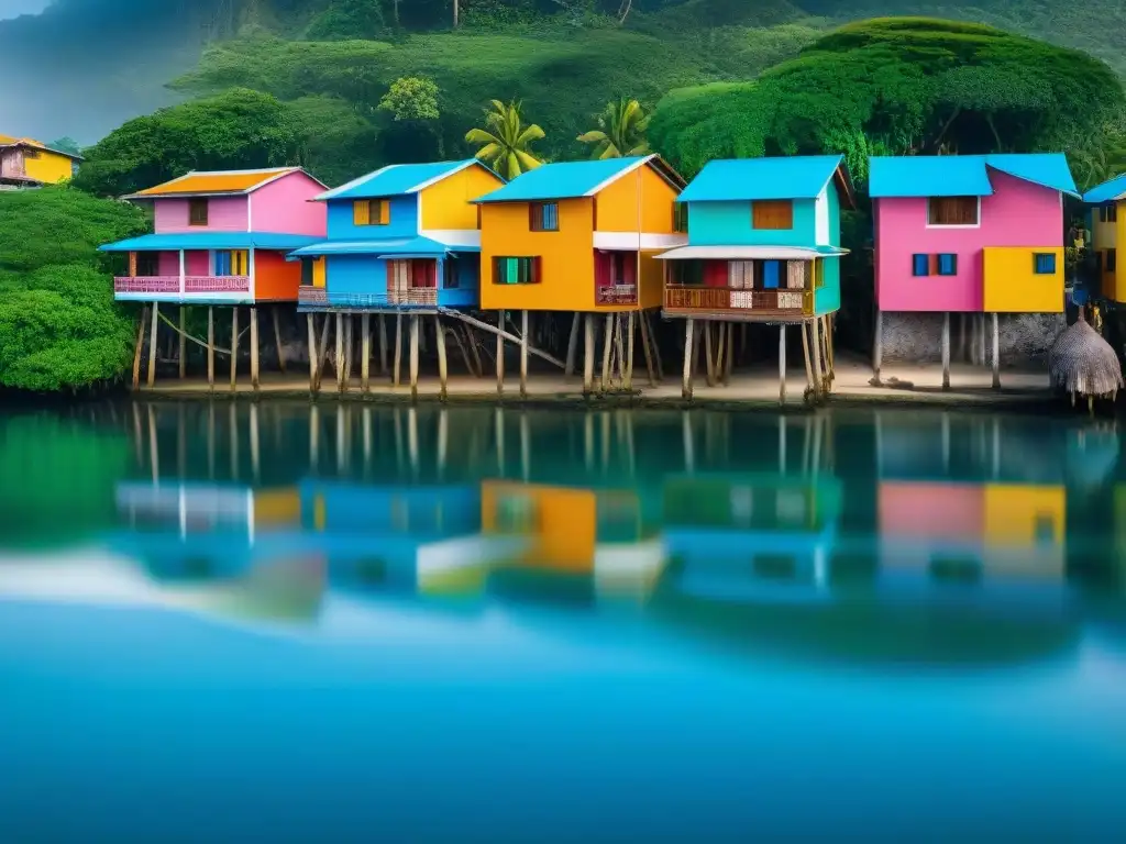 Coloridas casas palafito en costa tropical Coloridas casas estilo palafito vida costera reflejadas en aguas tranquilas tropicales