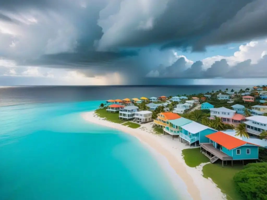 Vista aérea: propiedades costeras coloridas frente al mar Coloridas propiedades frente al mar con nubes de tormenta, resaltando la importancia de seguros para propiedades costeras