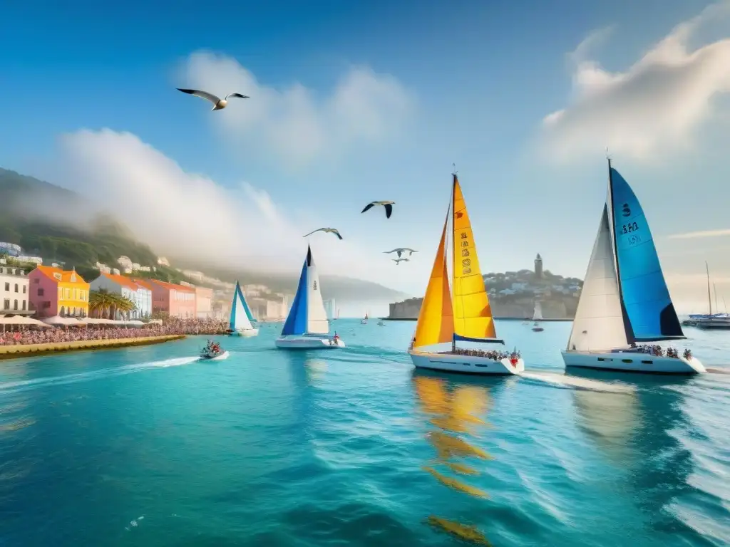 Regata tradicional: Veleros coloridos compiten en el mar Coloridas velas de barcos compiten en el mar, rodeadas de una multitud emocionada en una competición náutica tradicional en un pueblo costero