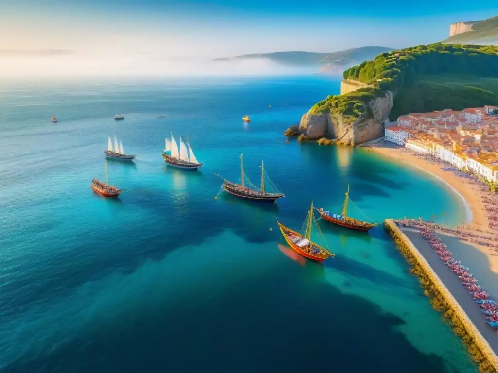 Festival costero español: tradición y colorido marítimo Coloridos barcos pesqueros decorados con banderas en un festival náutico tradicional costero en un pueblo marinero