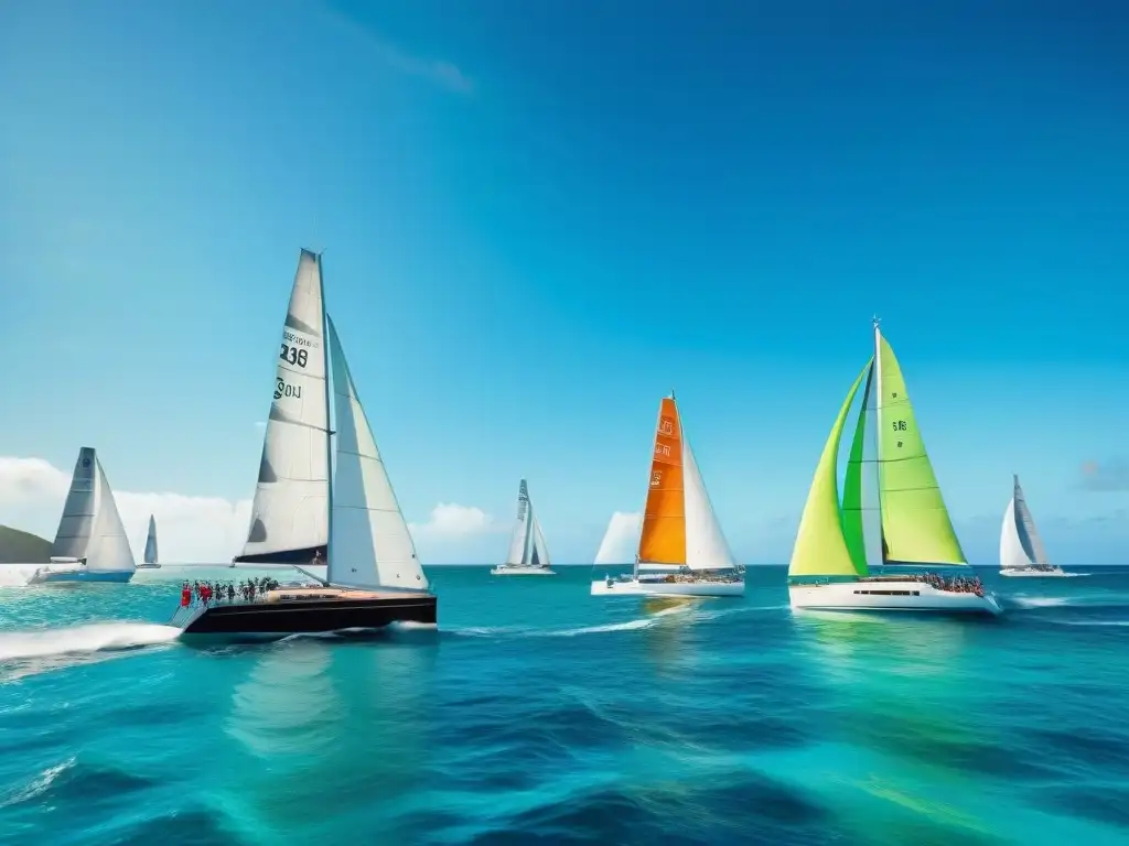 Regata caribeña: veleros coloridos compiten en aguas turquesas Competencias náuticas tradicionales en el mundo: Regata de veleros coloridos en el Caribe, navegando en aguas turquesas bajo un cielo azul vibrante