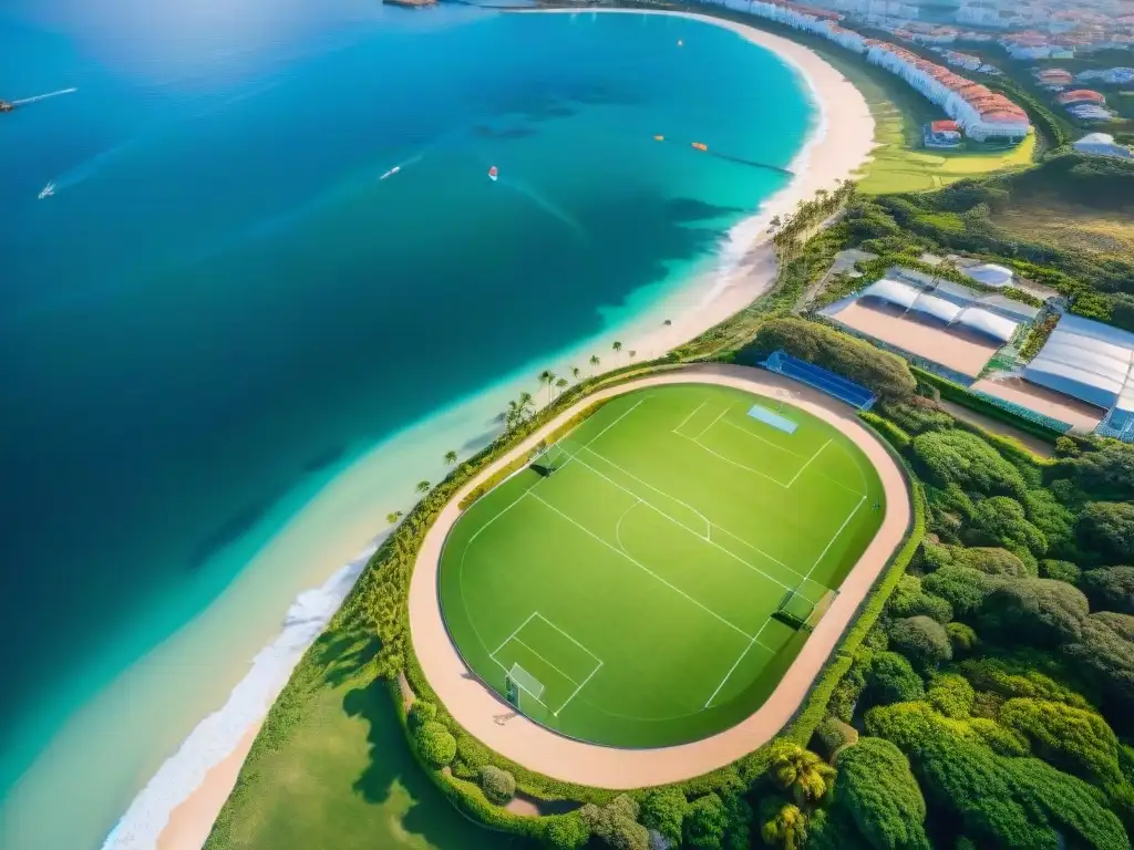 Complejo deportivo de lujo frente al mar con instalaciones de última generación Un complejo deportivo costero con instalaciones de vanguardia y atletas en acción, ideal para eventos deportivos en propiedades costeras