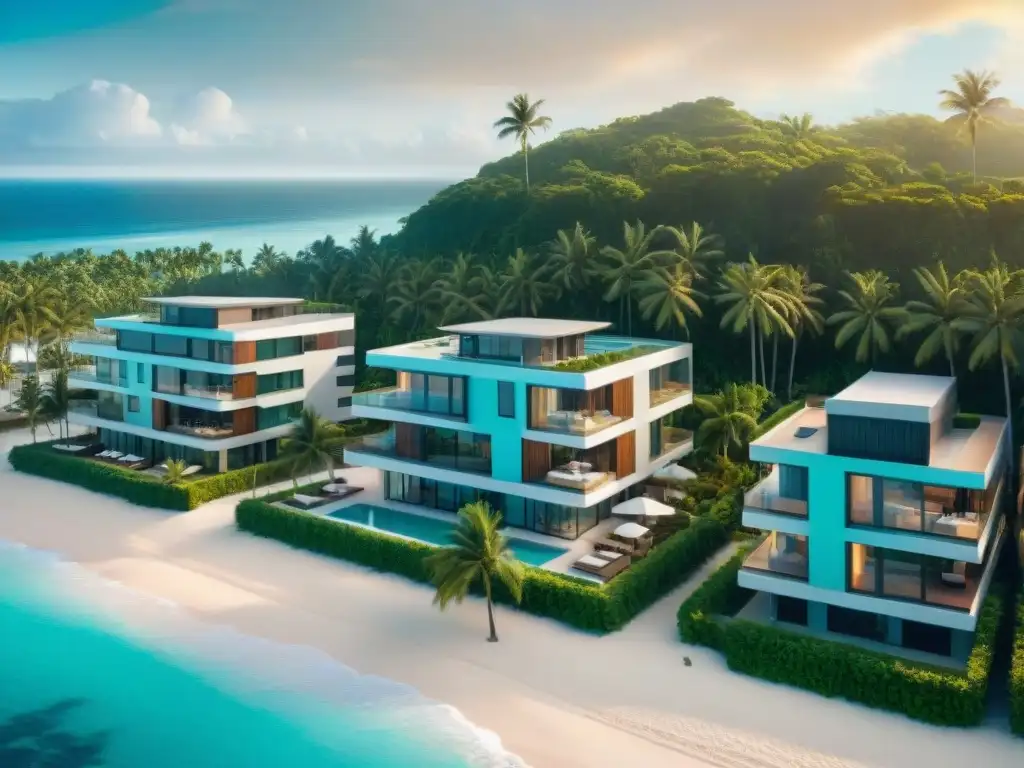 Complejo vacacional costero de lujo con diseño futurista y AI integrado Complejo vacacional costero moderno con arquitectura futurista e inteligencia artificial integrada en la belleza natural de la playa
