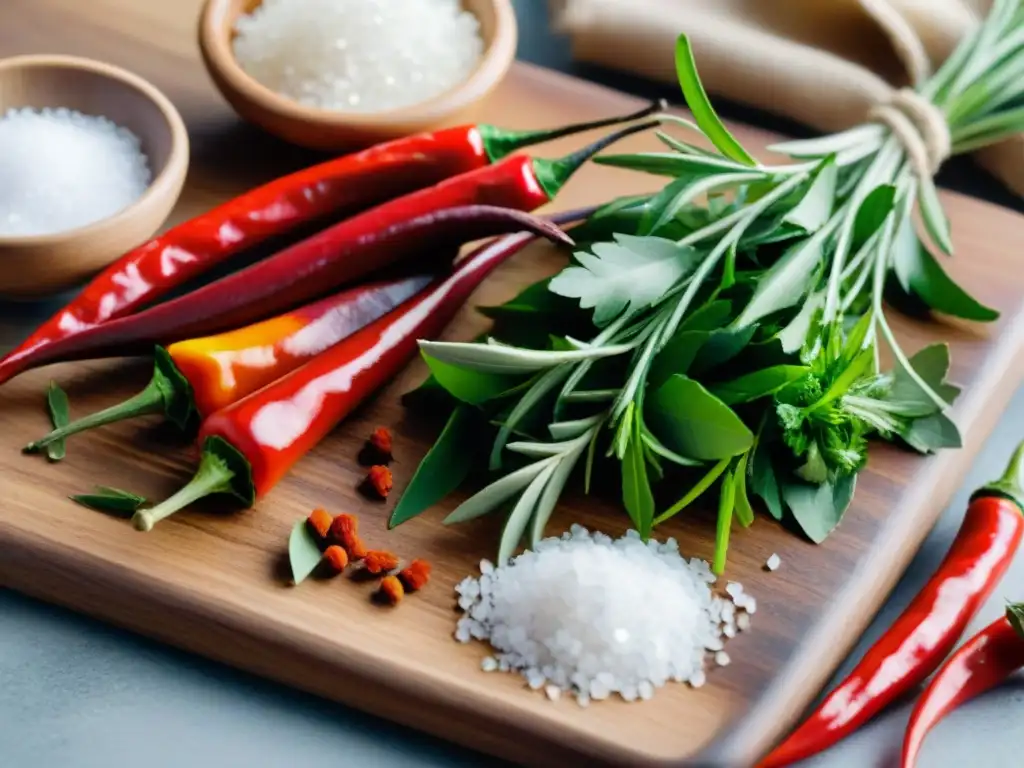 Esencia costera: hierbas frescas y especias para platos de mar Una composición vibrante de sabores costeros: hierbas frescas, chiles rojos, ajo, sal marina, en un tablero de madera rústico