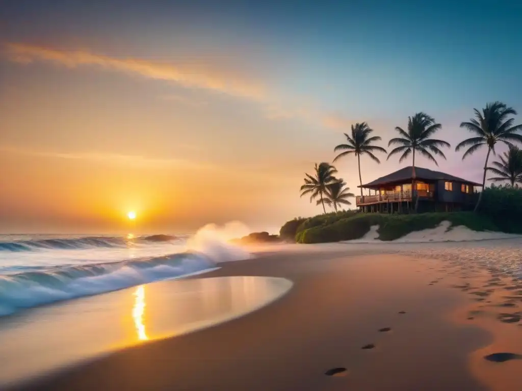 Hermosa casa de playa al atardecer: lujo y tranquilidad junto al mar Compra casa playa sin entrada: atardecer dorado en la playa con lujosa casa frente al mar, reflejando serenidad y lujo