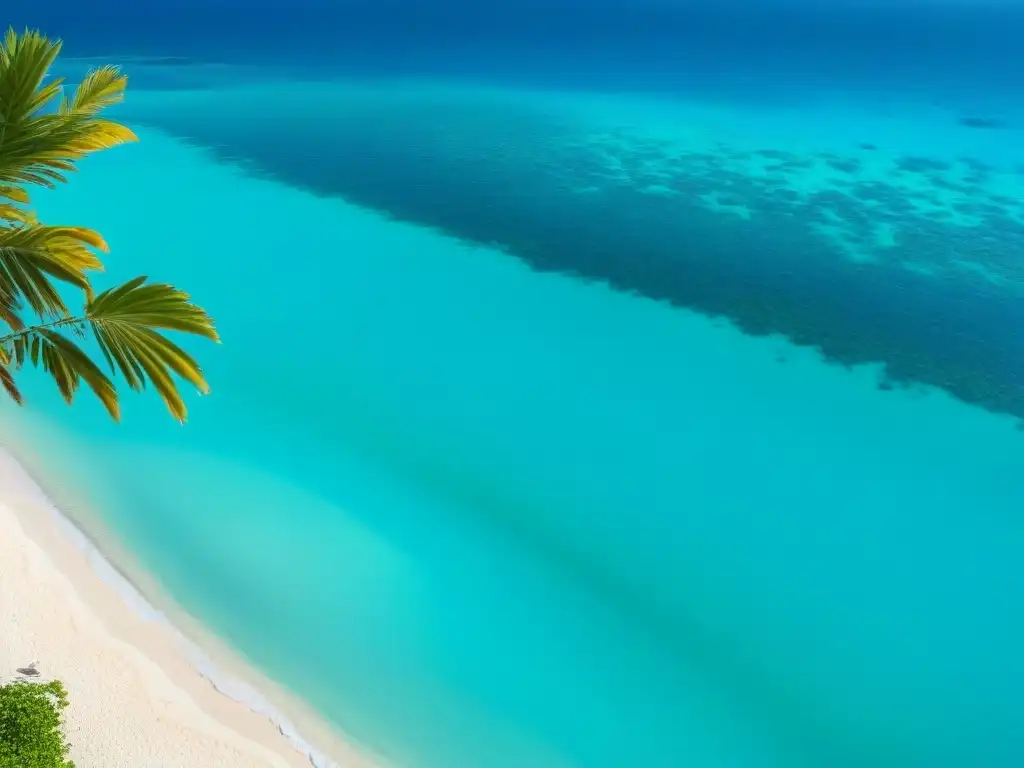 Paraíso exclusivo: playa turquesa en isla privada Compra de propiedades en islas: Paraíso exclusivo en una playa turquesa con palmeras y lujo al fondo, invitando a la tranquilidad