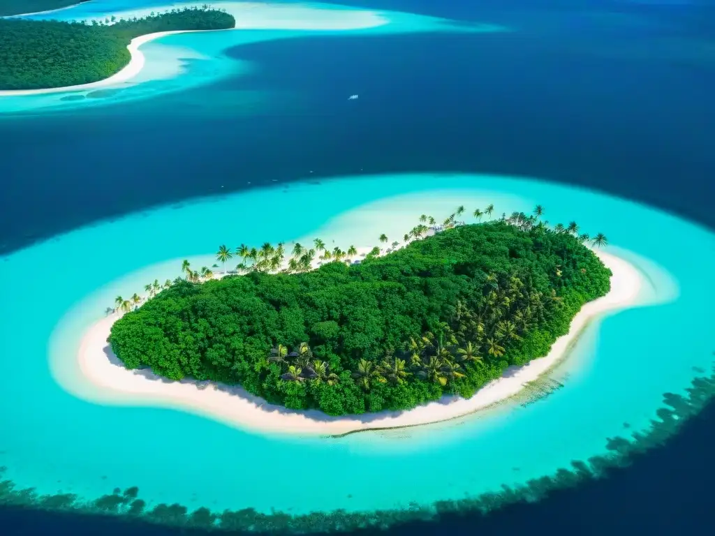 Paraíso tropical: propiedades exclusivas en isla privada Compra de propiedades en islas: Vista aérea de isla tropical con aguas turquesas, playas y propiedades de lujo