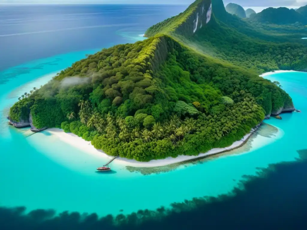 Paraíso tropical: vivir en una isla de ensueño Compra de propiedades en islas: Vista aérea majestuosa de una isla tropical exuberante rodeada de aguas turquesas cristalinas
