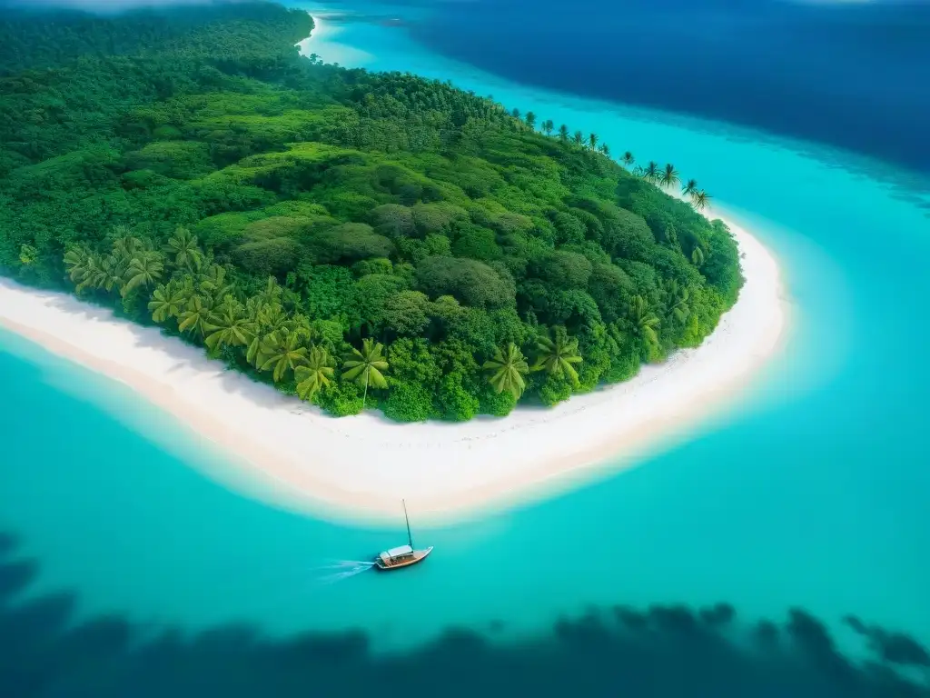 Paraíso tropical: isla remota con aguas turquesas y playas de ensueño Compra de propiedades en islas: Vista aérea de una isla tropical remota rodeada de aguas turquesas, playas de arena blanca y barcos en la costa