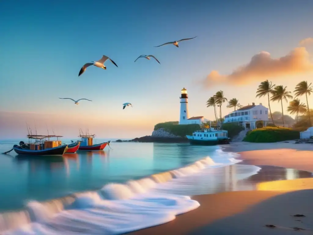 Paisaje costero al amanecer: barcos, palmeras y faro en un mar sereno Comunidad costera al amanecer con barcos y faro, reflejando los beneficios de vivir en comunidades costeras