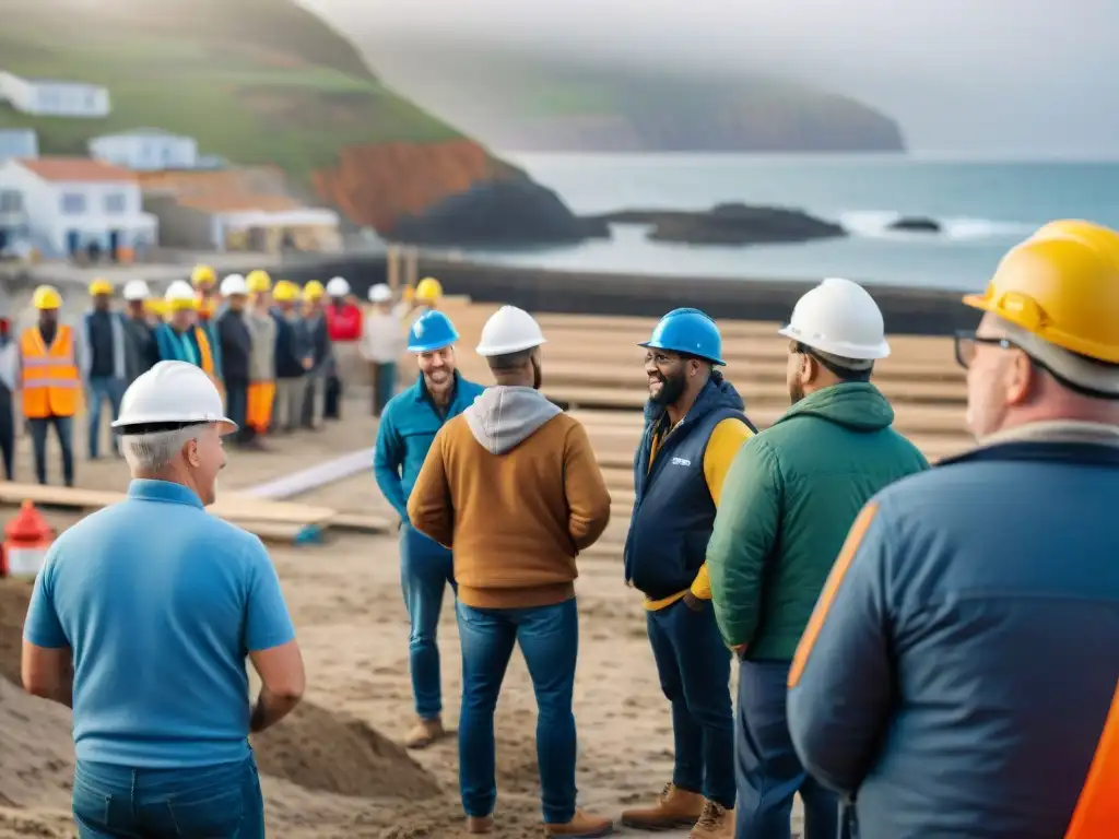 Vibrante crowdfunding para viviendas sostenibles en comunidad costera Una comunidad costera bulliciosa colabora en un proyecto de crowdfunding inmobiliario para viviendas sostenibles