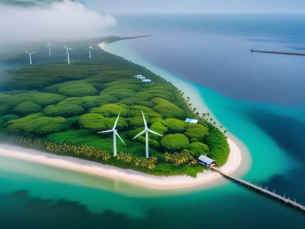 Comunidad costera resiliente ante el cambio climático Una comunidad costera se adapta al cambio climático con casas elevadas, molinos eólicos y manglares, ejemplificando estrategias de adaptación exitosas