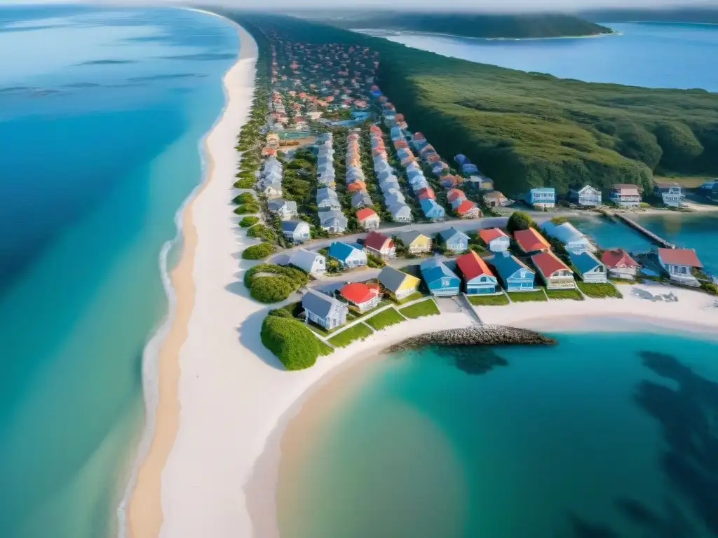 Armonía costera: casas coloridas frente al mar Una comunidad costera con casas coloridas, playa serena y océano inmenso