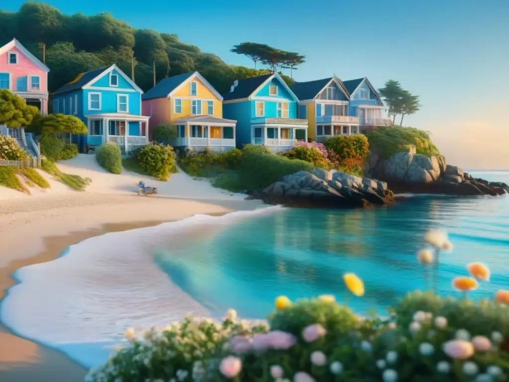 Comunidad costera serena con casas pastel en la playa Comunidad costera con casas pastel y residentes diversos, transmitiendo paz y camaradería