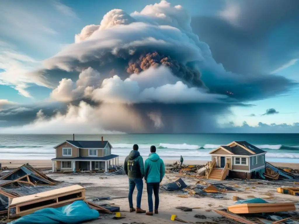 Reconstrucción comunitaria tras desastre natural en la costa Comunidad costera superando desastres, reconstruyendo juntos entre escombros y cielos dramáticos