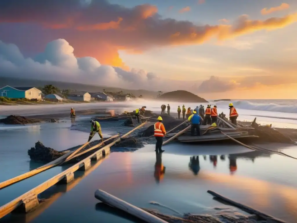 Reconstrucción comunitaria: Unión y esperanza al atardecer Una comunidad costera superando desastres, unida y esperanzada al atardecer