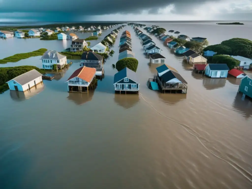 Devastación costera: ciudad sumergida en inundaciones Una comunidad costera devastada por las inundaciones, reflejando la dura realidad de vivir junto al mar