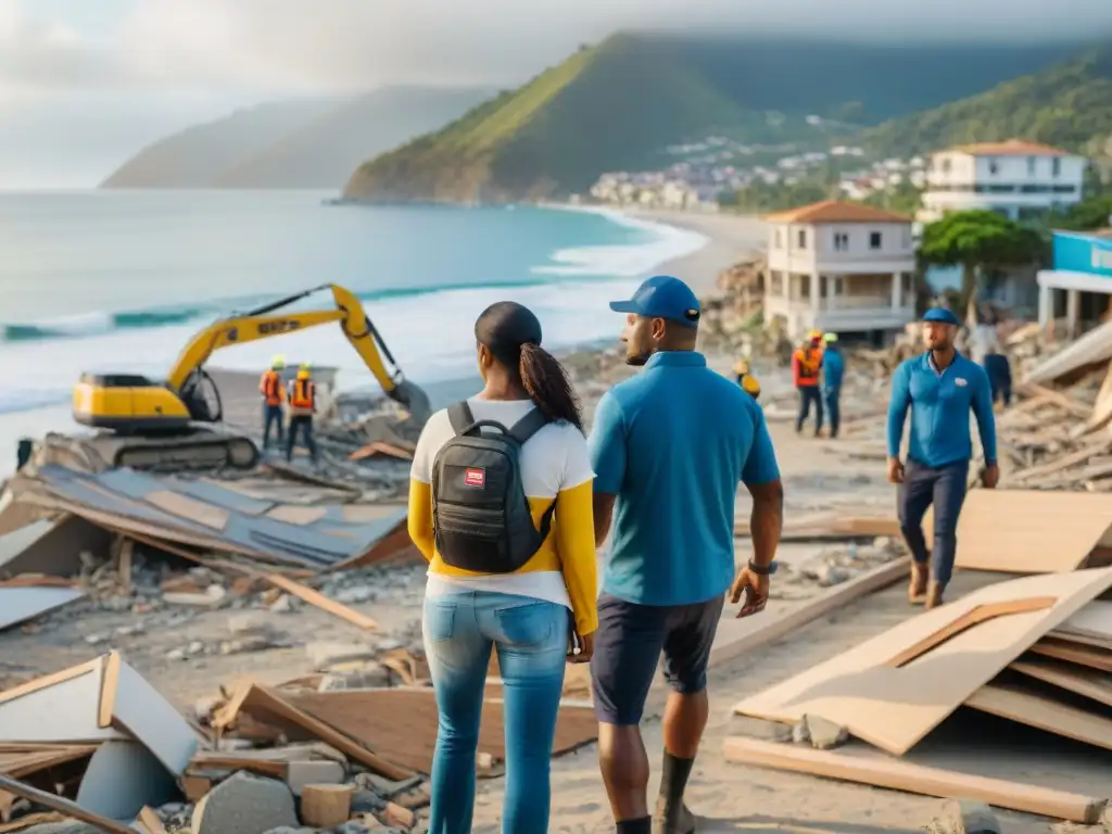 Reconstrucción resiliente tras terremoto en pueblo costero Una comunidad costera devastada por un terremoto, resurge con ayuda de seguros contra sismos en zonas costeras