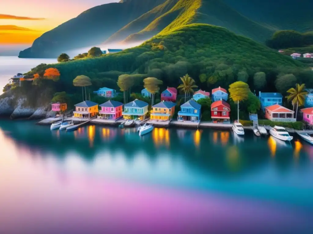 Pintoresco pueblo costero al atardecer: casas coloridas, veleros y naturaleza exuberante Comunidad costera hogar ideal: Pintoresco pueblo costero con casas coloridas, veleros en agua cristalina y atardecer vibrante