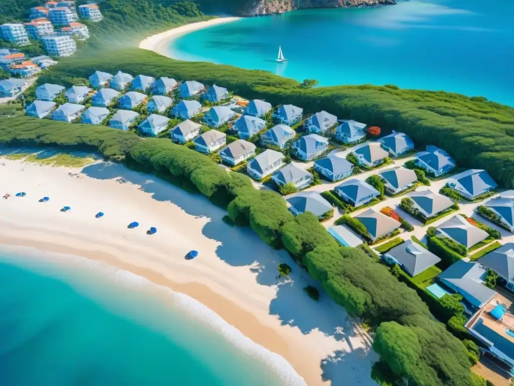Costa paradisíaca: comunidad costera vibrante y tranquila Una comunidad costera hogar ideal: coloridas casas frente al mar, playas de arena blanca y actividades acuáticas bajo cielos azules