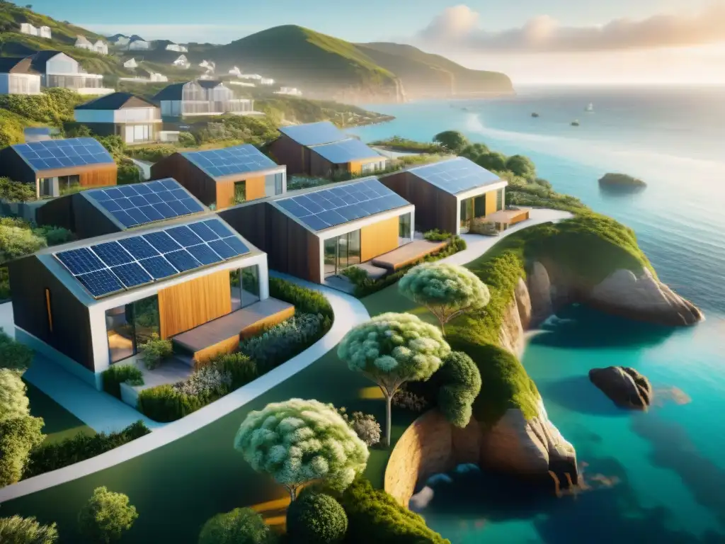Comunidad costera sostenible: arquitectura innovadora y energía renovable Una comunidad costera moderna con diseño innovador de viviendas costeras integrando sostenibilidad y energía renovable