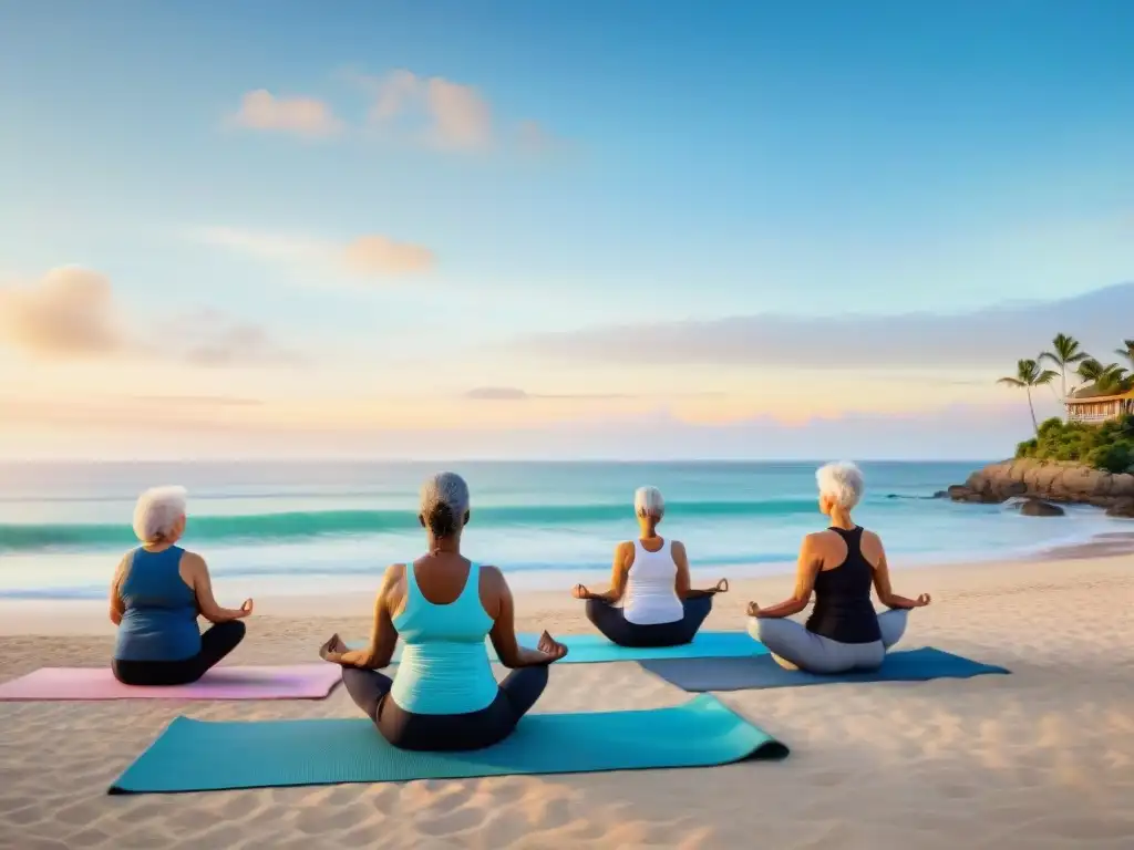 Retiros de yoga al amanecer en la playa para jubilados Una comunidad costera para retirados practicando yoga al amanecer en la playa, transmitiendo paz y bienestar