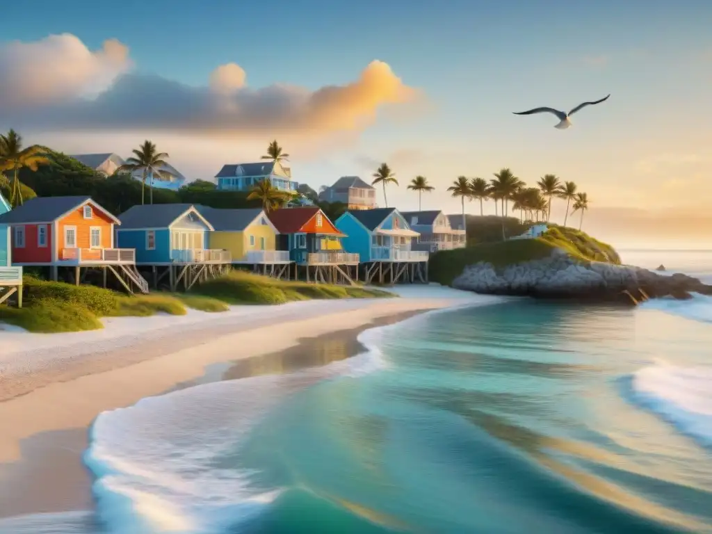 Encanto costero al amanecer: vida tranquila y belleza natural Una comunidad costera serena al amanecer, con casas coloridas en la playa, palmeras y un mar tranquilo