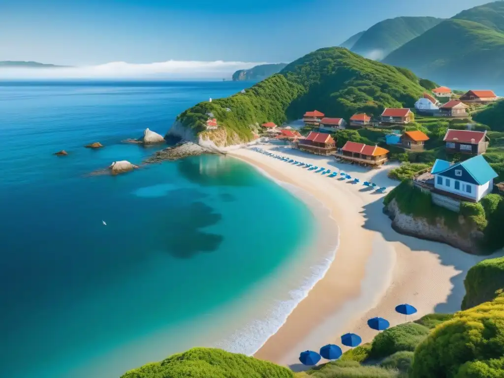 Paraíso costero: playa, montañas y mar en 8K Una comunidad costera serena junto al mar, con playas, casas y barcos, rodeada de naturaleza