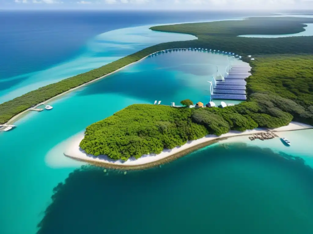 Comunidad costera sostenible: armonía entre naturaleza y modernidad Una comunidad costera sostenible con viviendas ecológicas junto al mar, rodeada de manglares y aguas cristalinas