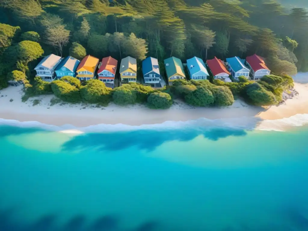 Costa serena bañada en luz dorada: hogar ideal junto al mar Comunidad costera tranquila bañada por la luz dorada, con casas coloridas, aguas turquesas y bosque verde