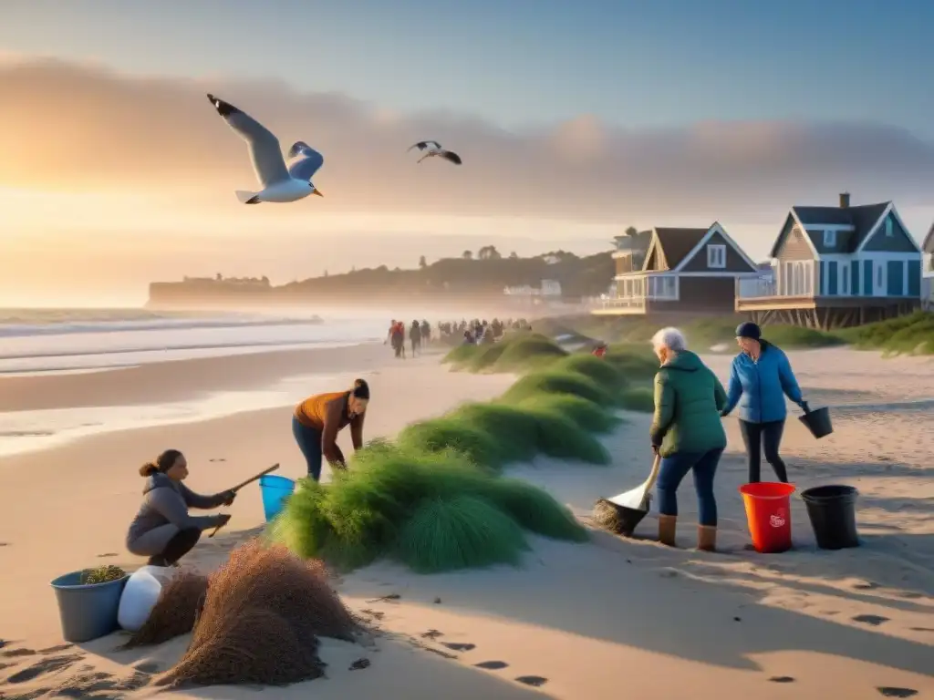 Comunidad costera unida: limpieza de playa y conservación ambiental Una comunidad costera unida en limpieza de playa, plantando y construyendo para vida sostenible en propiedades costeras