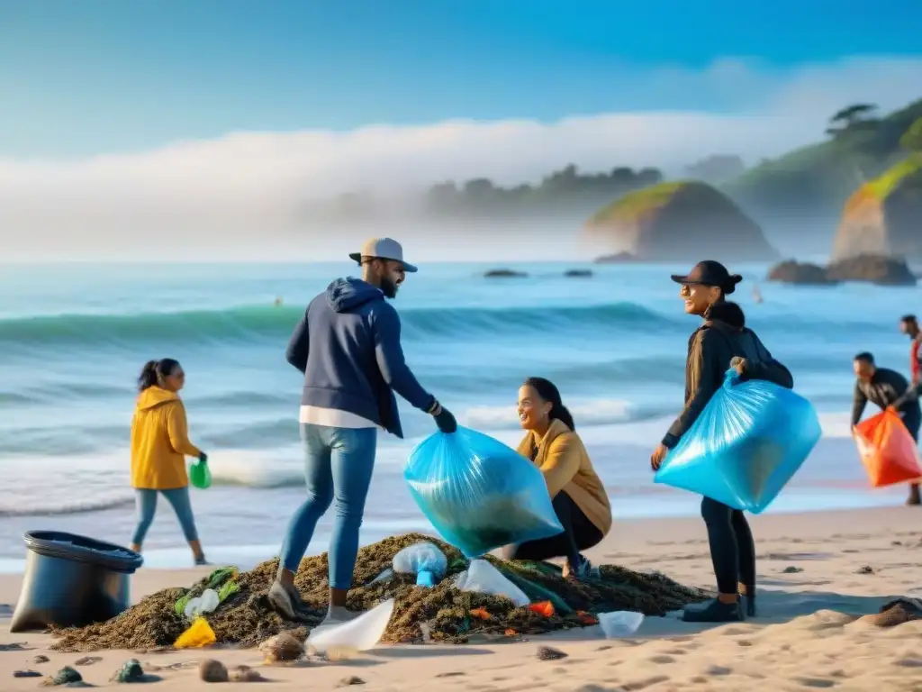 Limpieza comunitaria en la playa: unión y cuidado ambiental Comunidad costera unida en limpieza de playa