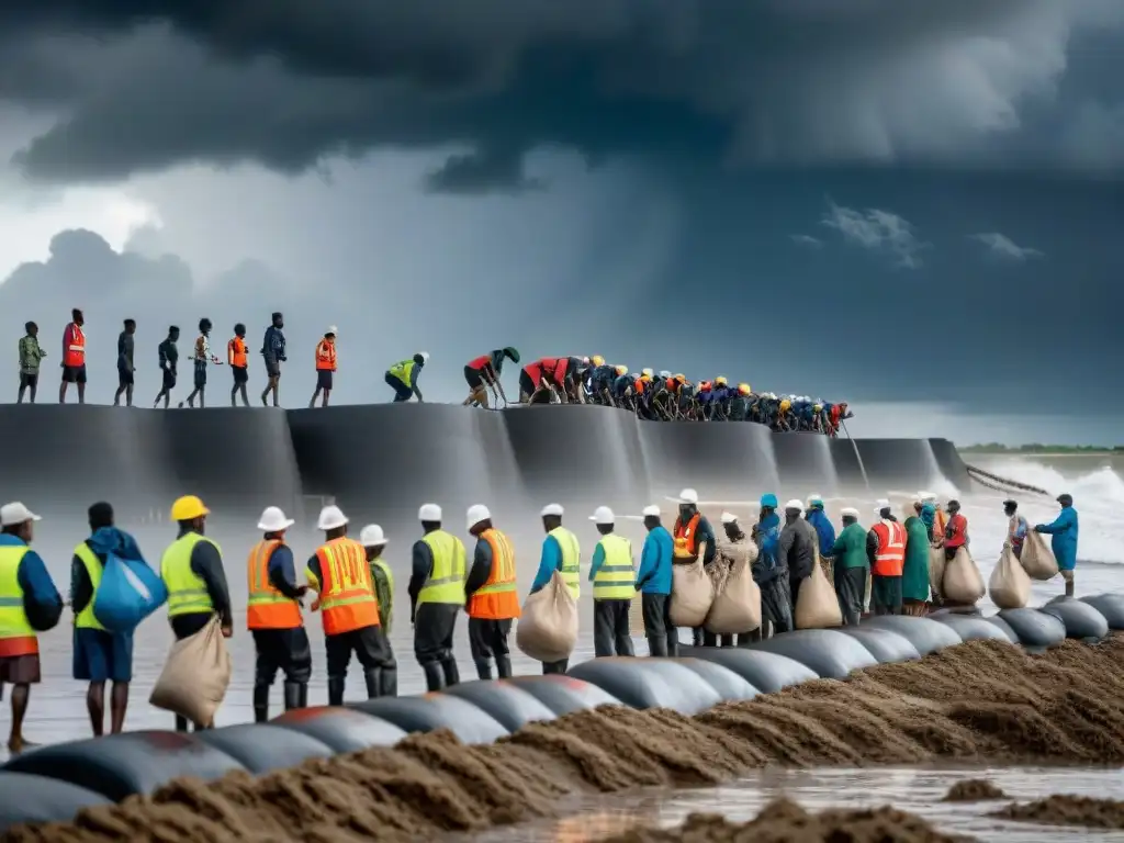 Comunidad costera construye muro de contención ante tormenta Comunidad costera unida fortifica muro marino ante cambio climático