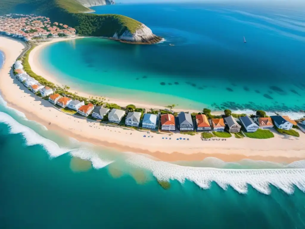 Costa vibrante: arquitectura diversa y belleza natural Una comunidad costera vibrante con arquitectura diversa y actividades playeras, destacando la armonía entre desarrollo y belleza natural
