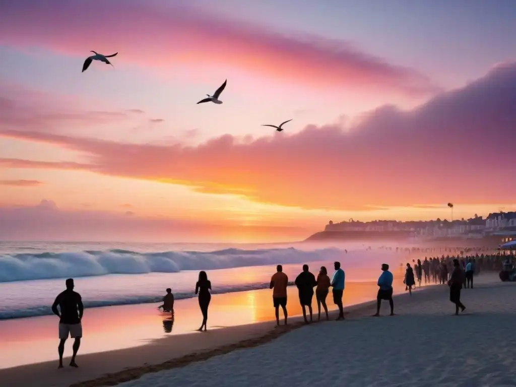 Una comunidad costera vibrante se reúne al atardecer para disfrutar de eventos y actividades juntos, reflejando la vida en comunidad costera eventos