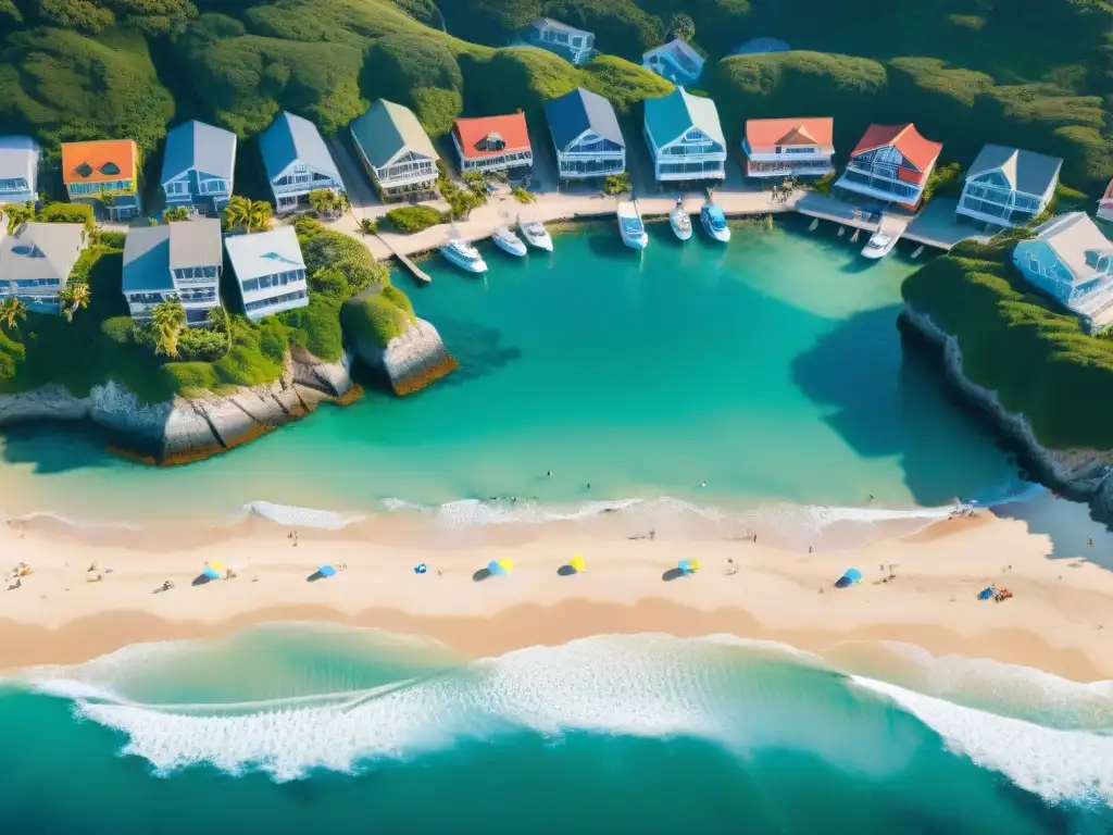 Paraíso costero: vivir en armonía junto al mar Una comunidad costera vibrante con casas coloridas, marina serena y actividades recreativas