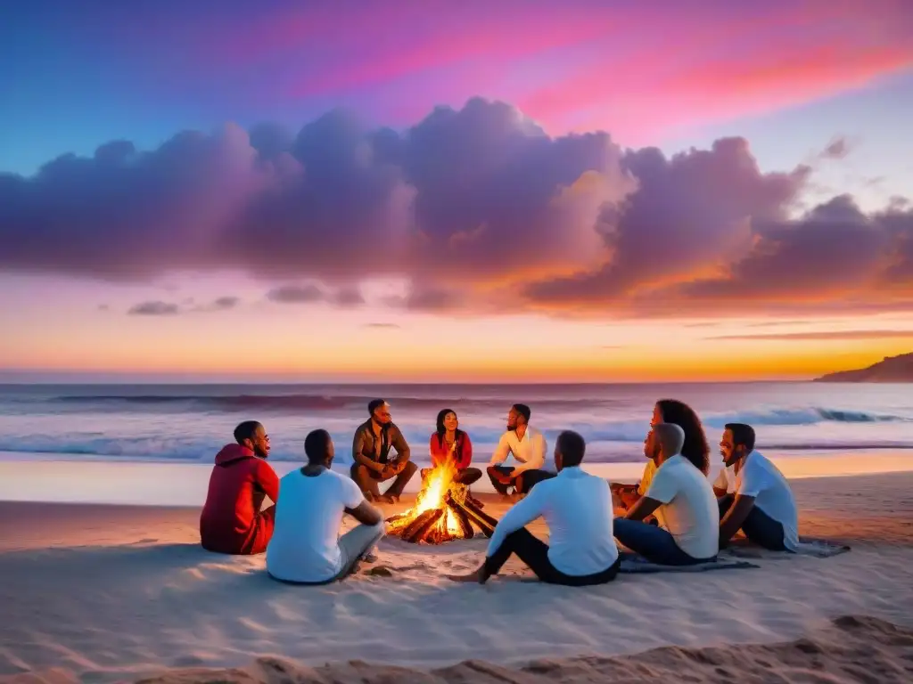 Reunión comunitaria en la playa al atardecer: conexión y alegría Una comunidad costera vibrante se reúne en la playa al atardecer alrededor de una fogata, fomentando relaciones duraderas