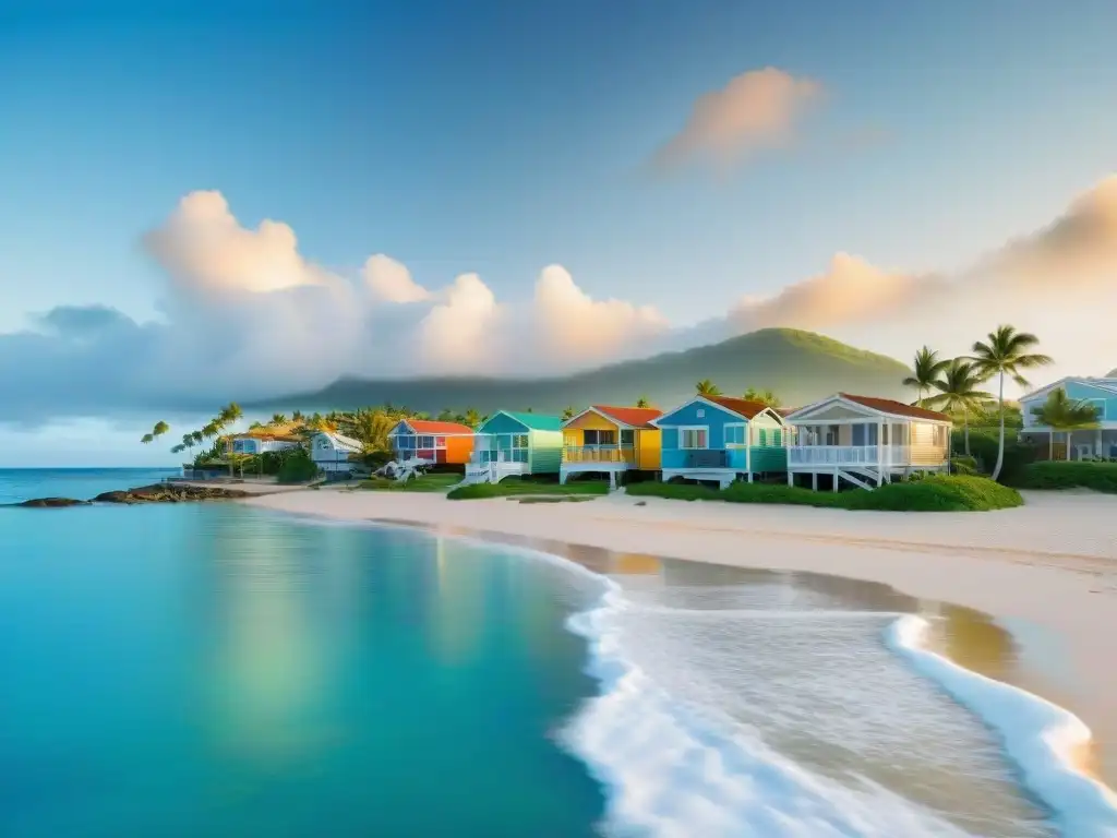Comunidad costera en armonía: inversión y calidad de vida Una comunidad costera vibrante y serena, con casas coloridas frente al mar, palmeras verdes y residentes disfrutando de la vida junto al mar