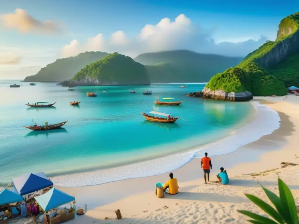 Turismo sostenible: playas limpias, souvenirs locales y pesca tradicional Una comunidad costera vibrante con turismo sostenible: diversidad, limpieza de playa, artesanías locales y barcos pesqueros tradicionales