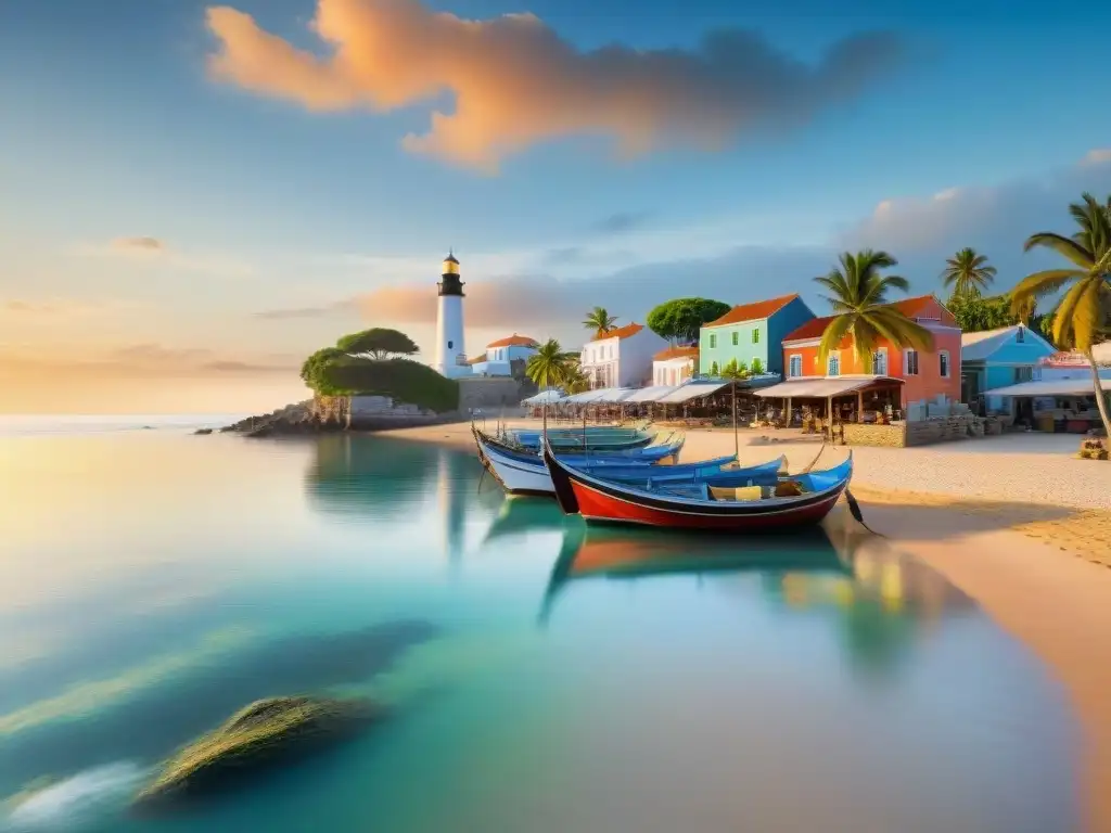 Amanecer en pueblo costero: barcas coloridas, mercado playero y serenidad Comunidad costera vida junto al mar: Pintoresco pueblo costero al amanecer, con botes de pesca coloridos y ambiente sereno