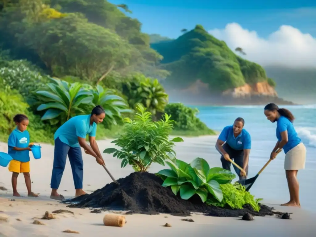Comunidad costera conservando: reforestación, limpieza y educación Una comunidad diversa dedicada a la conservación costera, plantando árboles nativos y limpiando la playa