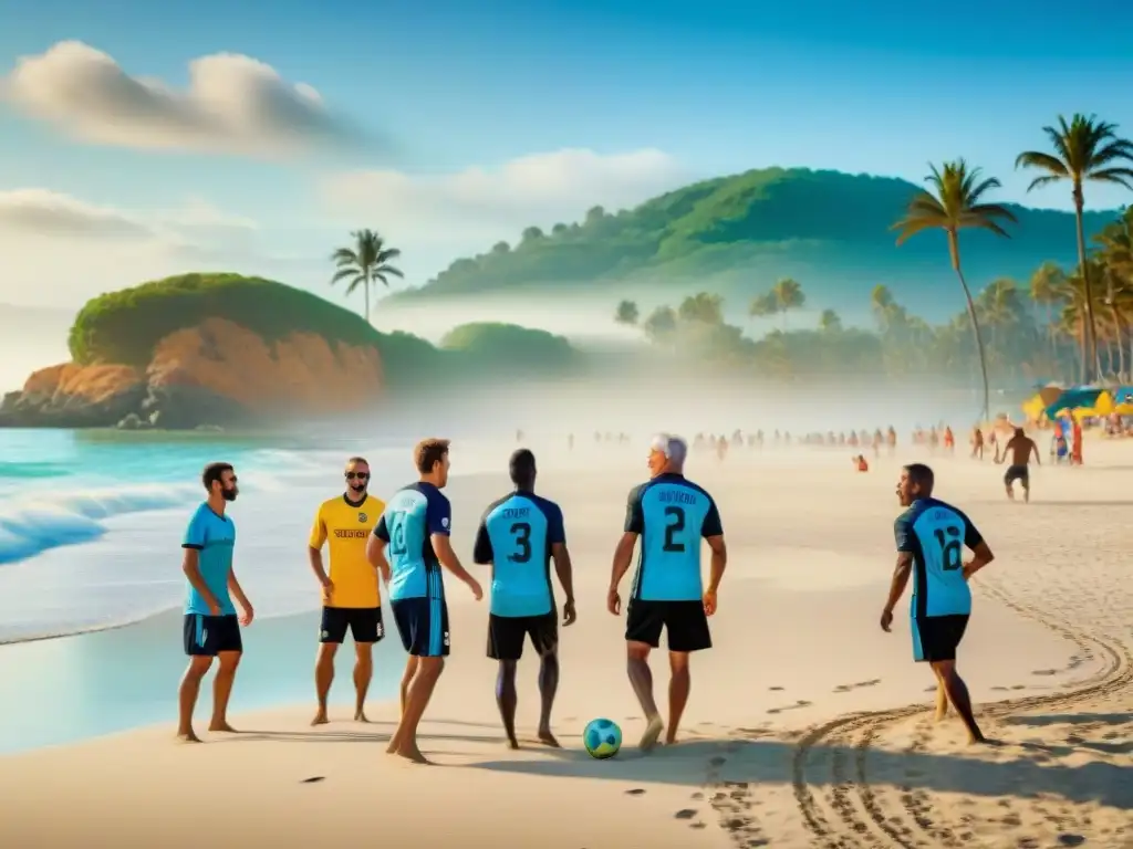 Juego comunitario de fútbol playero en la costa Comunidad jugando fútbol en la playa