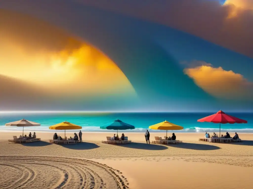 Encuentro global de artistas costeros bajo coloridos paraguas Una comunidad global de artistas costeros se reúne en la playa para mostrar su arte bajo sombrillas coloridas al atardecer