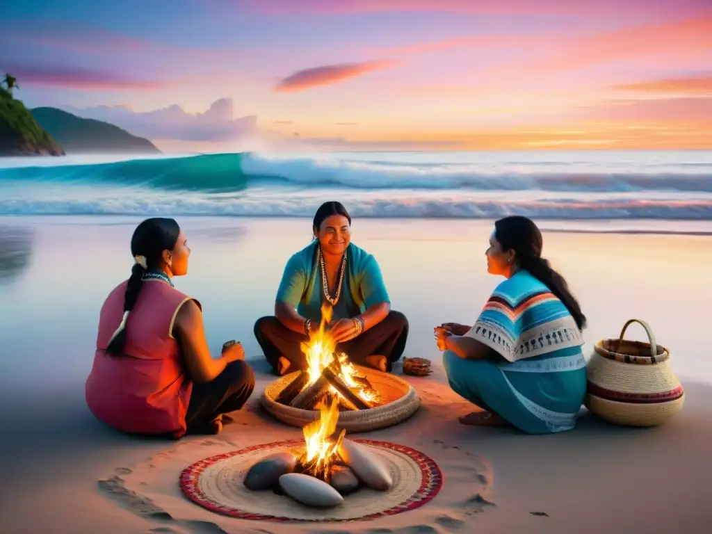 Comunidad indígena en playa al atardecer: tradición y conexión Una comunidad indígena en la playa al atardecer con artesanías y fogata