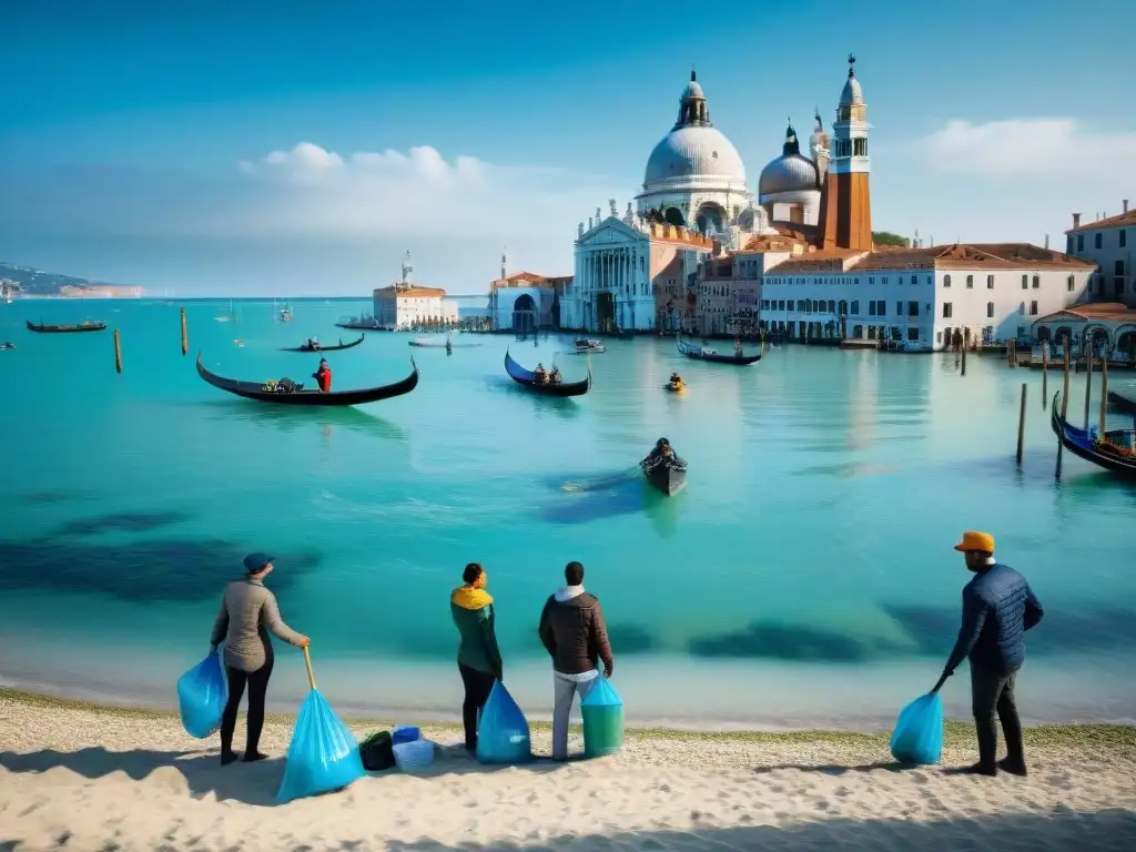 Comunidad veneciana limpia la playa: unidos por el medio ambiente Comunidad local en Venecia realizando limpieza de playa, mostrando sostenibilidad en Venecia turismo costero