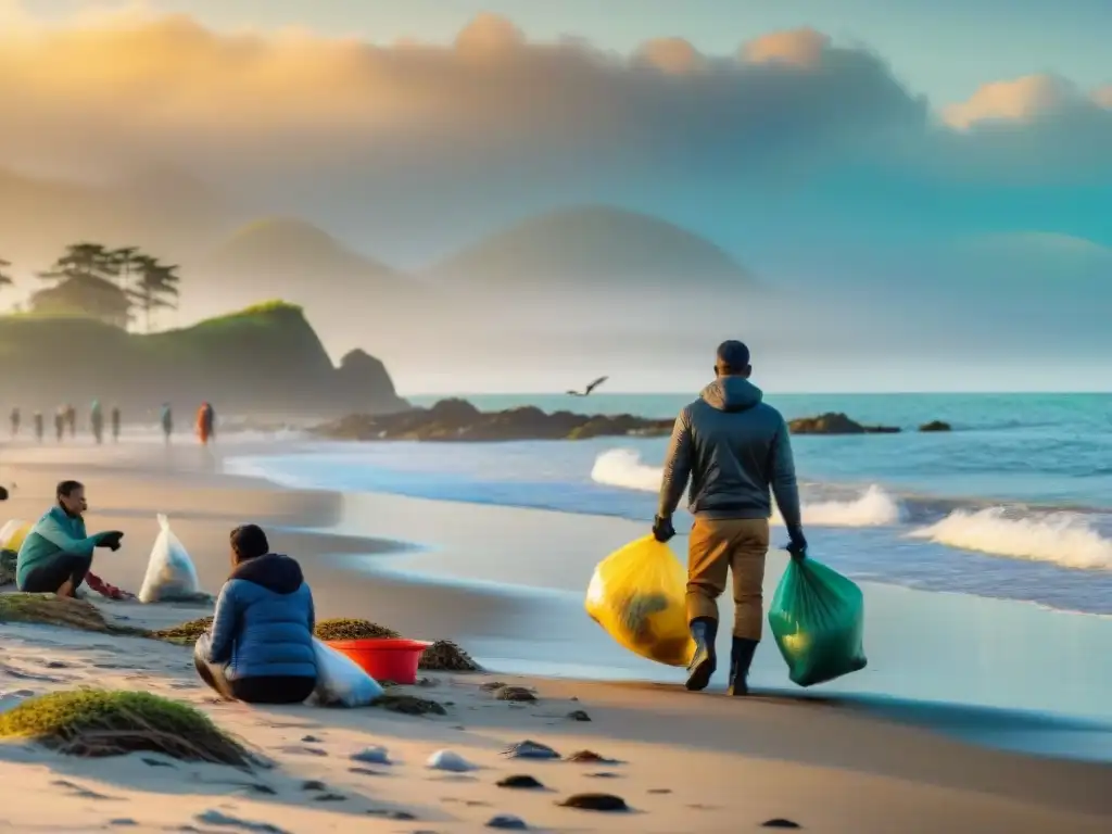 Playa limpia: comunidad diversa unida por el medio ambiente Comunidades costeras unidas limpian la playa al atardecer, mostrando colaboración y cuidado ambiental