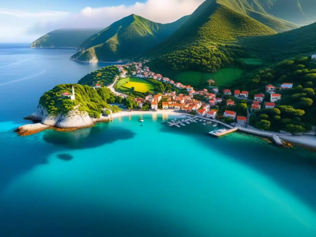 Paraíso costero: pueblo tranquilo entre montañas verdes y aguas cristalinas Comunidades costeras para retiro: Vista aérea impresionante de un tranquilo pueblo costero entre montañas verdes y aguas turquesa