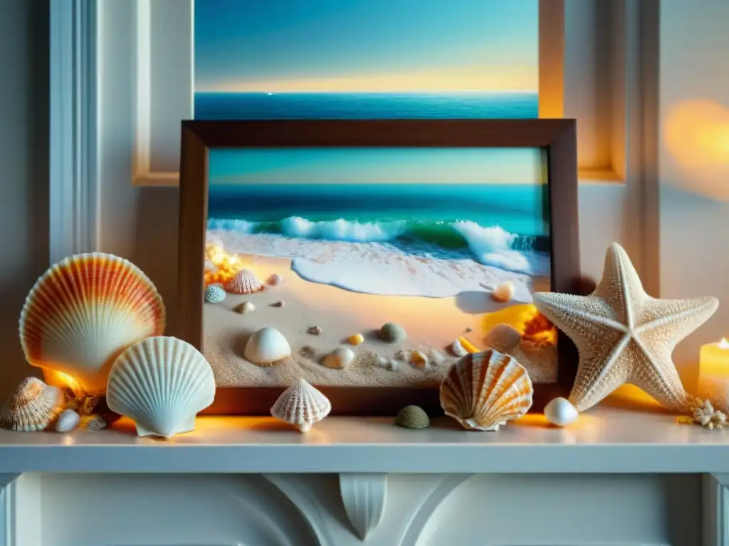 Decoración costera: armonía de conchas y estrellas marinas Decoración con conchas y arena: Arreglo detallado de conchas, arena y estrellas de mar en un ambiente costero tranquilo